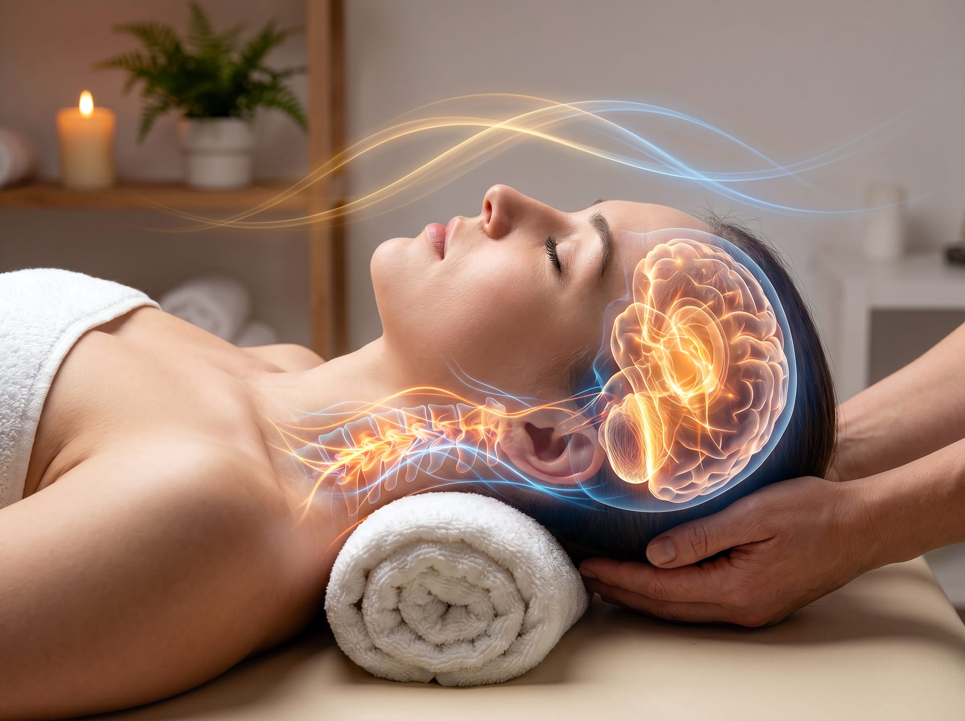 Woman resting peacefully on a therapy table while a practitioner gently cradles her head during a craniosacral session