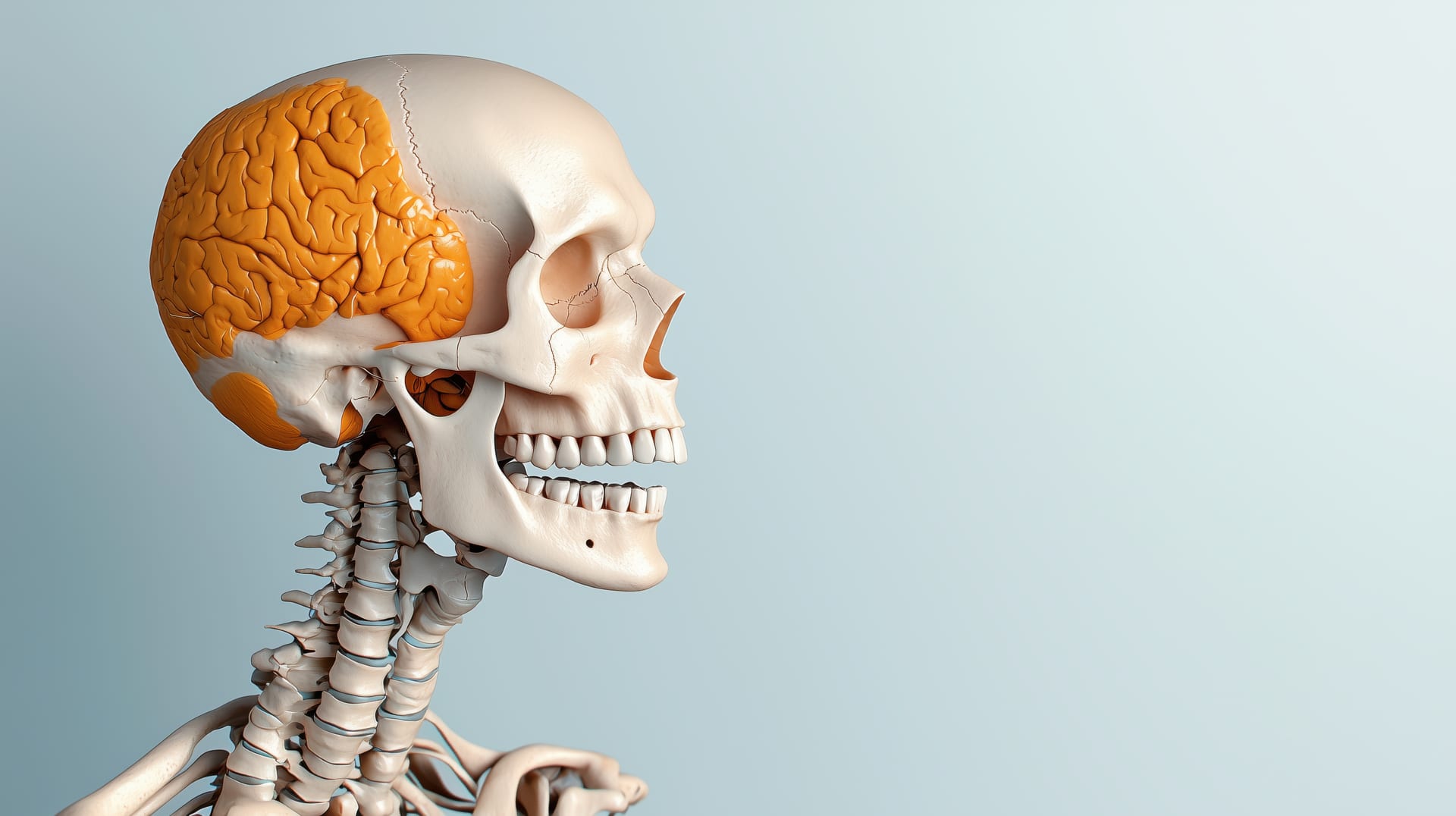 Anatomical illustration of the skull and brain — the craniosacral system surrounds and protects the central nervous system